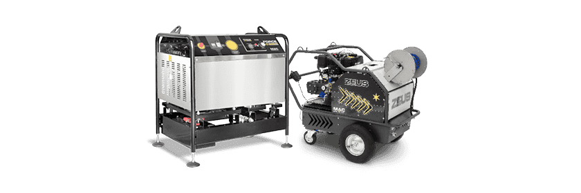 Industrial-grade pressure washer setup featuring a stainless steel control unit with analog gauges and labeled buttons on the left, adjacent to a robust mobile cleaning machine with "Cronos X2" branding. The equipment is equipped with large wheels for mobility, showcasing a compact coiled hose and robust framework, set against a
