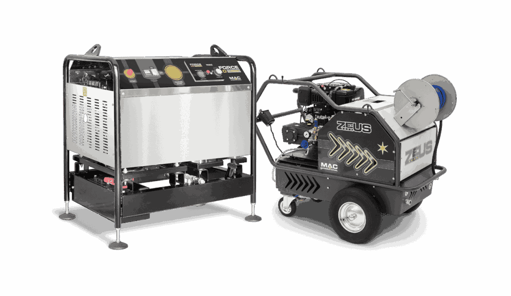 Industrial cleaning equipment featuring an electric induction heater and a pressure washer. The induction heater on the left has a stainless steel panel with prominent yellow and red buttons, and the "I.M.C" branding. On the right, the mobile pressure washer is branded "Zeus" with star graphics and features a