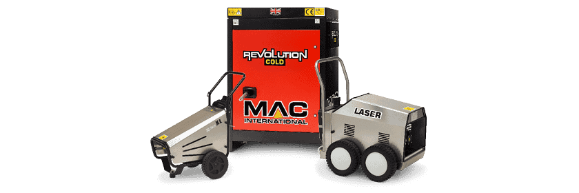 Industrial laser cleaning equipment by MAC International, featuring a sleek red and black design with prominent "Revolution Cold" branding. The machine includes a laser unit with wheels for mobility, emphasizing advanced technology for industrial cleaning solutions.