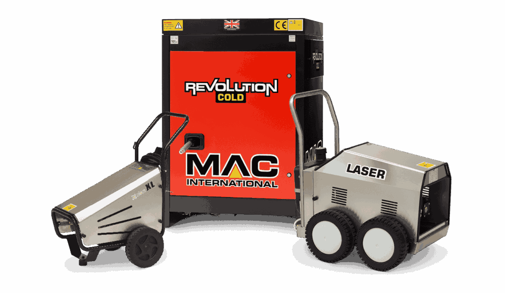 Red and black MAC International industrial machine labeled "Revolution Cold," featuring a metallic finish and bold branding. It has attached components, including one marked "LASER." There are safety symbols and a small UK flag at the top, positioned against a black background, emphasizing the equipment's robust design and functionality
