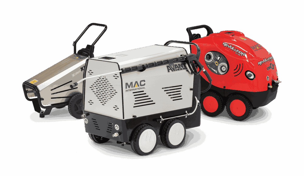 Three industrial cleaning machines on display. The first is a blue and beige machine with a sleek design, featuring a black handle. The second is a white and gray "MAC Avant" unit with vented sides and a sturdy frame. The third is a vibrant red steam cleaner from "Steam Force" with