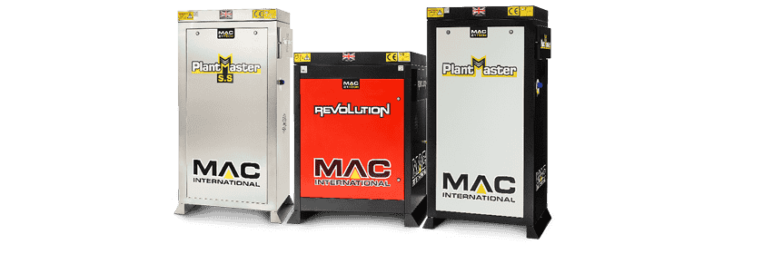 Three industrial pressure washers from MAC International are displayed against a black background. The units are labeled as Plantmaster and Revolution, featuring silver, red, and black finishes. The branding on the units prominently reads "MAC International."
