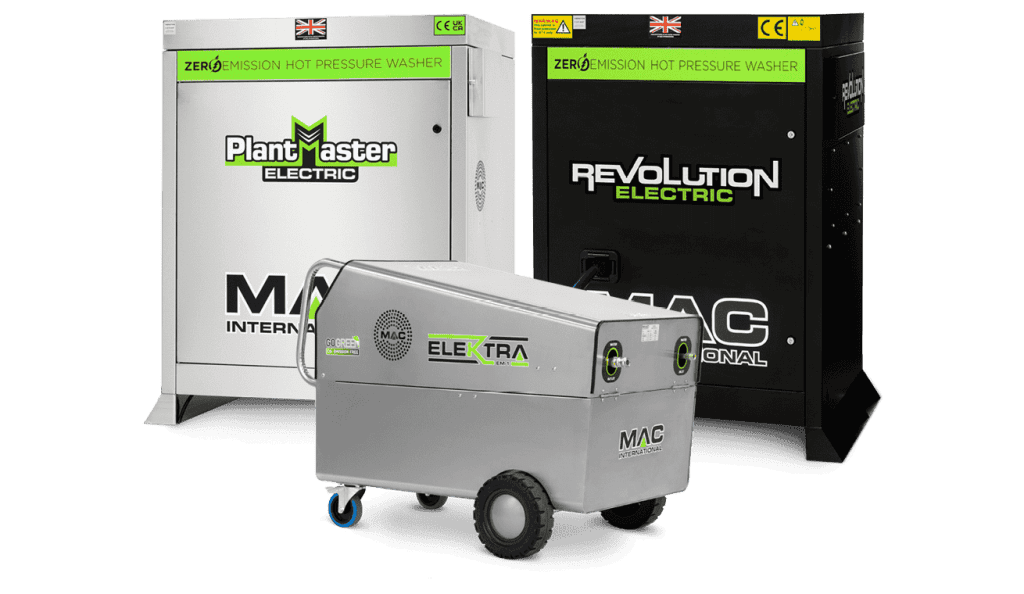 Cluster of Zero Emission pressure washers - Left to right - MAC Plantmaster, MAC Elektra & MAC Revolution