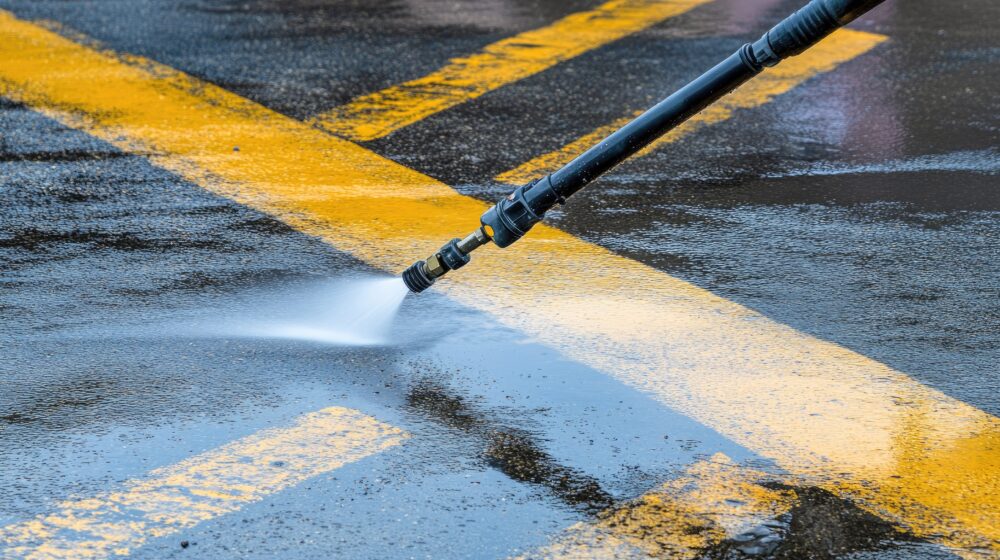 A pressure washer cleaning a car park floor with yellow lines.