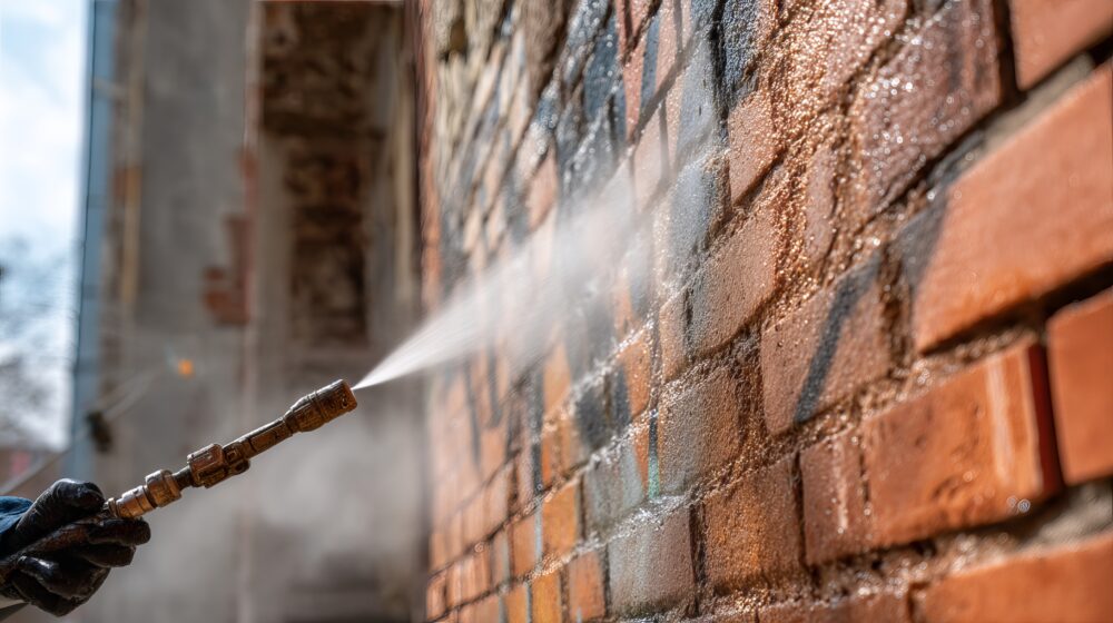 A pressure washer removing graffiti from a brick wall.