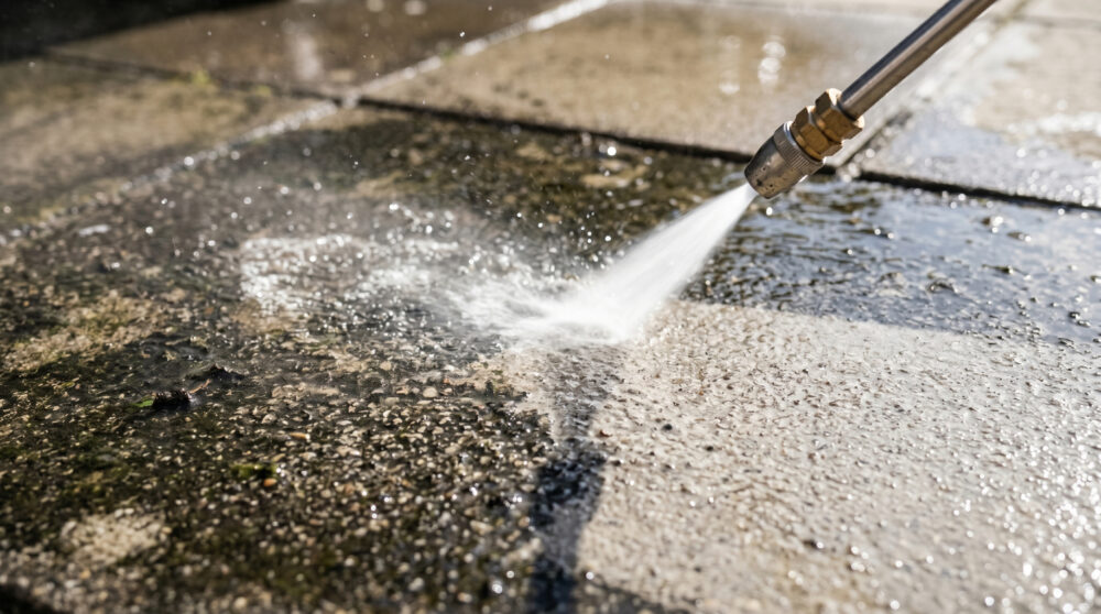 A pressure washer removing moss from a pavement
