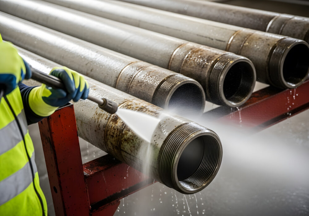 A worker using a pressure washer to clean oil and gas drilling equipment.